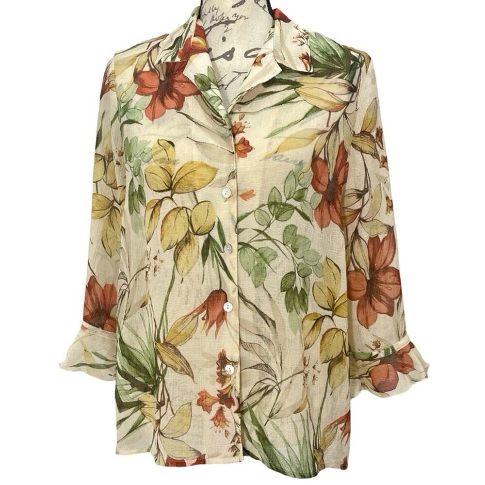Vintage 90s Alfred Dunner Button Up Blouse Floral Sheer Cardigan Ruffle sleeve